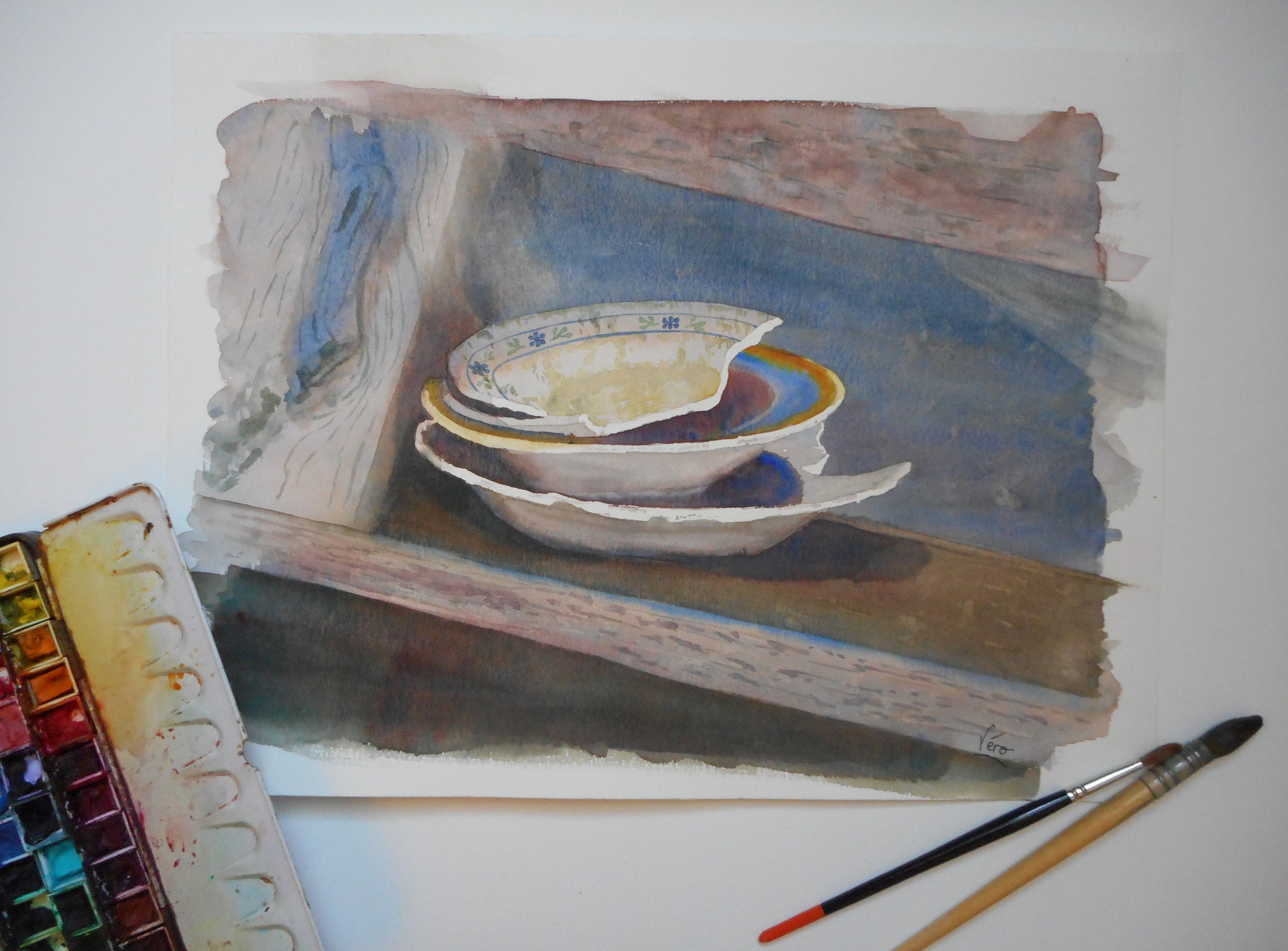 Original tableware watercolor Grandmother's plates handmade still life