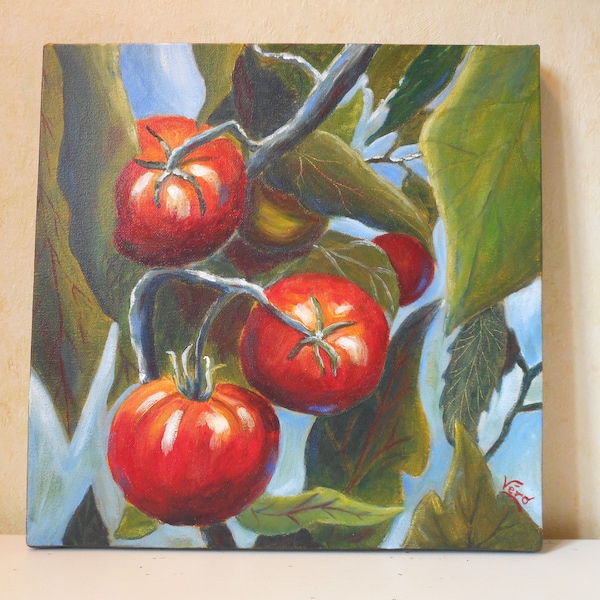 Peinture de tomates du jardin format carré à l'acrylique ou tableau de légumes ou déco cuisine ou cadeau pour un jardinier ou grand-mère