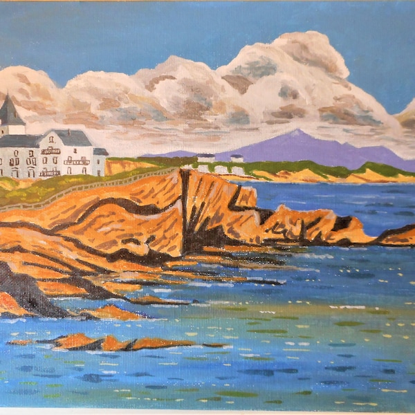 Tableau de la côte de Biarritz paysage  à la gouache peinture fait main