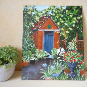 Cabane du jardinier en peinture originale à l'huile sur carton ou cadeau d'anniversaire couple