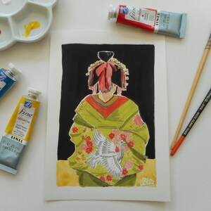 Original gouache painting portrait geisha japan original illustration japan small format