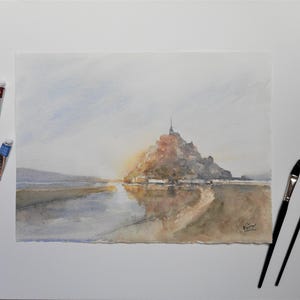 Original watercolor Mont Saint Michel Painting of Normandy architecture hand painted