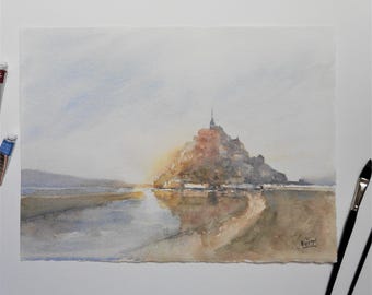Original watercolor Mont Saint Michel Painting of Normandy architecture hand painted