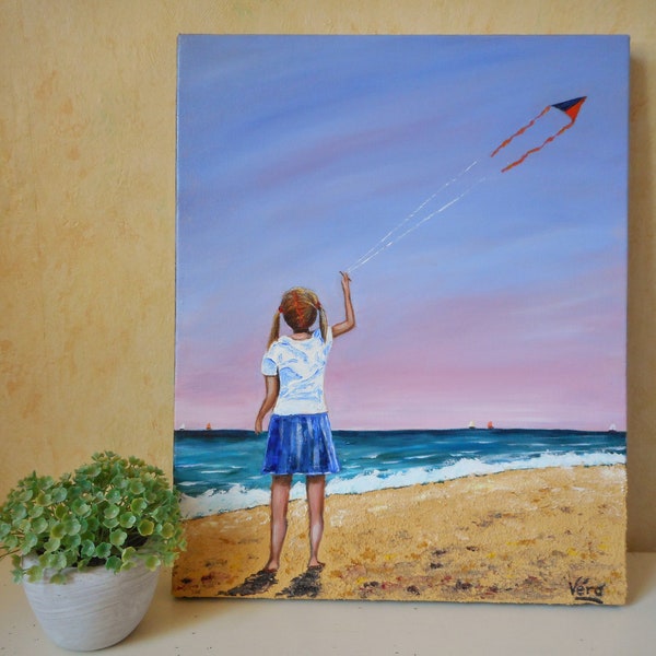 Tableau enfant sur la plage ou petite fille et le cerf volant ou portrait enfant à la plage ou décoration chambre d'enfant ou cadeau enfant