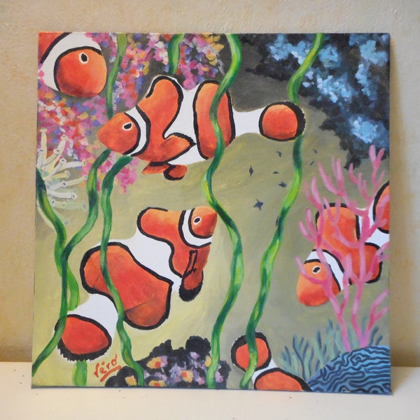 Tableau de poissons clowns à la gouache ou toile de fond marin fait main ou peinture poissons oranges et blancs ou cadeau pour papa ou maman
