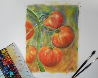 Original watercolor of red tomatoes Vegetable watercolor Kitchen decoration Handmade