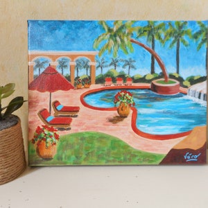 Schilderij van een tuin met zwembad op doek in klein formaat acryl