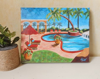 Peinture d'un jardin avec piscine sur toile à l'acrylique petit format