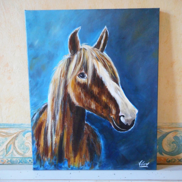 Tableau de cheval à l'acrylique ou peinture animalière d'un cheval ou peinture moderne bleue avec animal ou déco chambre ou cadeau pour ami