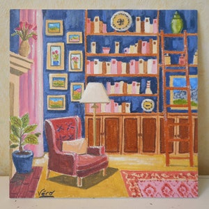 Cuadro hecho a mano sobre cartón, pequeño salón rosa con gouache, decoración pared dormitorio niña