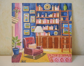 Painting of the small pink living room with handmade gouache on cardboard or decoration for pink girl or Mother's Day gift