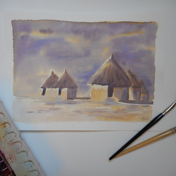 Aquarelle d'un village africain avec des huttes en paille ou aquarelle de maisons en paille en Afrique Fait main