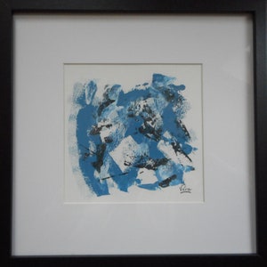 Acrilico astratto moderno blu e nero Piccolo formato quadrato su carta d'arte contemporanea