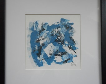 Tableau abstrait bleu et noir à l'acrylique petit format carré sur papier art moderne