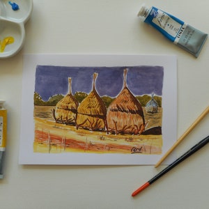Originele gouache schilderij afrikaanse hut originele illustratie afrika klein formaat