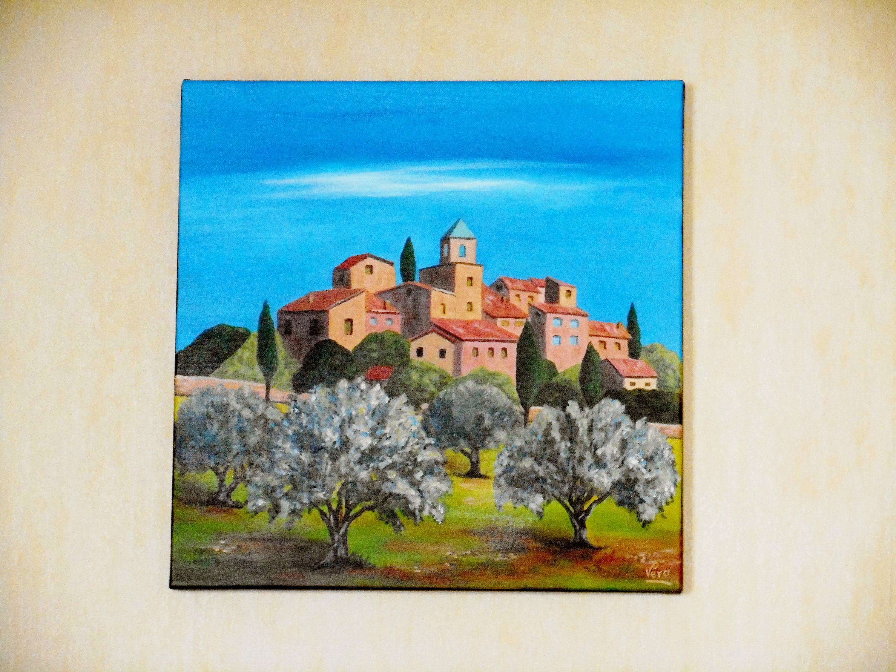 Provence Original signed painting Provençal village and olive trees in France