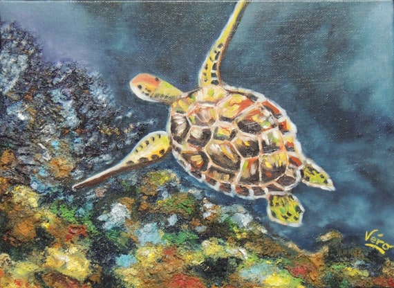 Original Tableau à Lhuile Tortue De Mer Peinture Animalière Fond Marin Original Oil Painting Sea Turtle Animal Painting Handmade