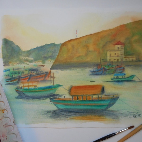 Aquarelle originale sur l'Asie de la baie d'halong  au Vietnam aquarelle de mer et bateaux