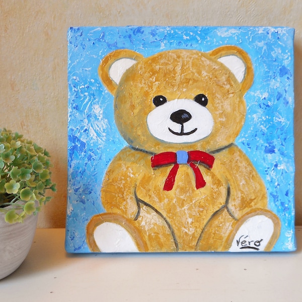 Tableau d'un ours à l'acrylique Teddy l'ourson peinture animalière pour déco chambre enfant fait main ou cadeau naissance