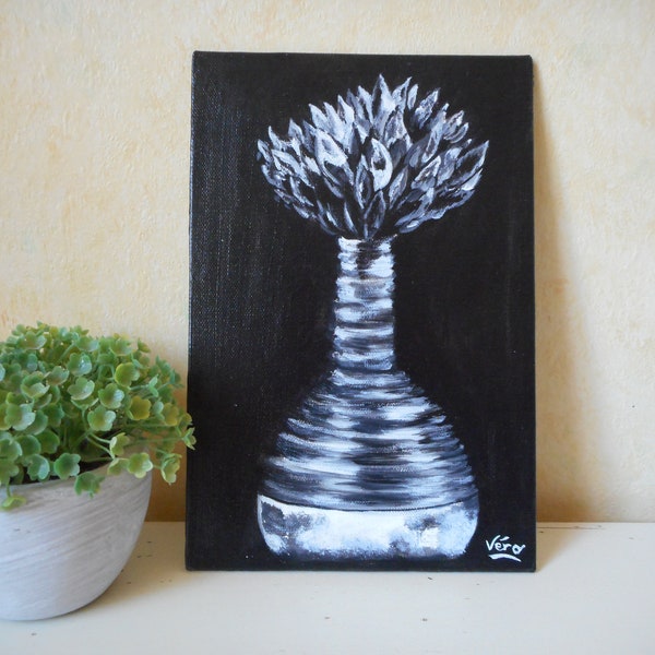 Tableau d'un vase à fleurs en noir et blanc ou peinture moderne d'un vase peint à la main ou décoration chambre ou cadeau pour amie ou soeur