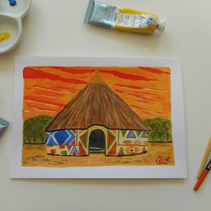 Originele gouache schilderij afrikaanse hut originele illustratie afrika klein formaat