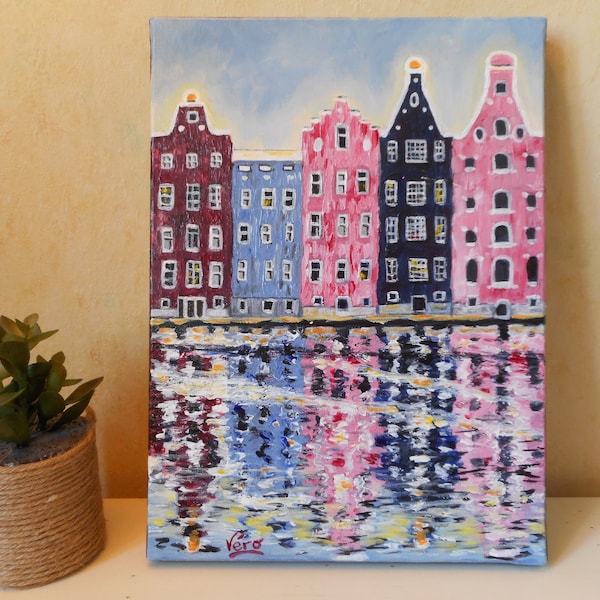 Tableau sur Amsterdam ou peinture urbaine ville des pays bas ou petit tableau rose et bleu ou déco pour chambre ou cadeau anniversaire soeur
