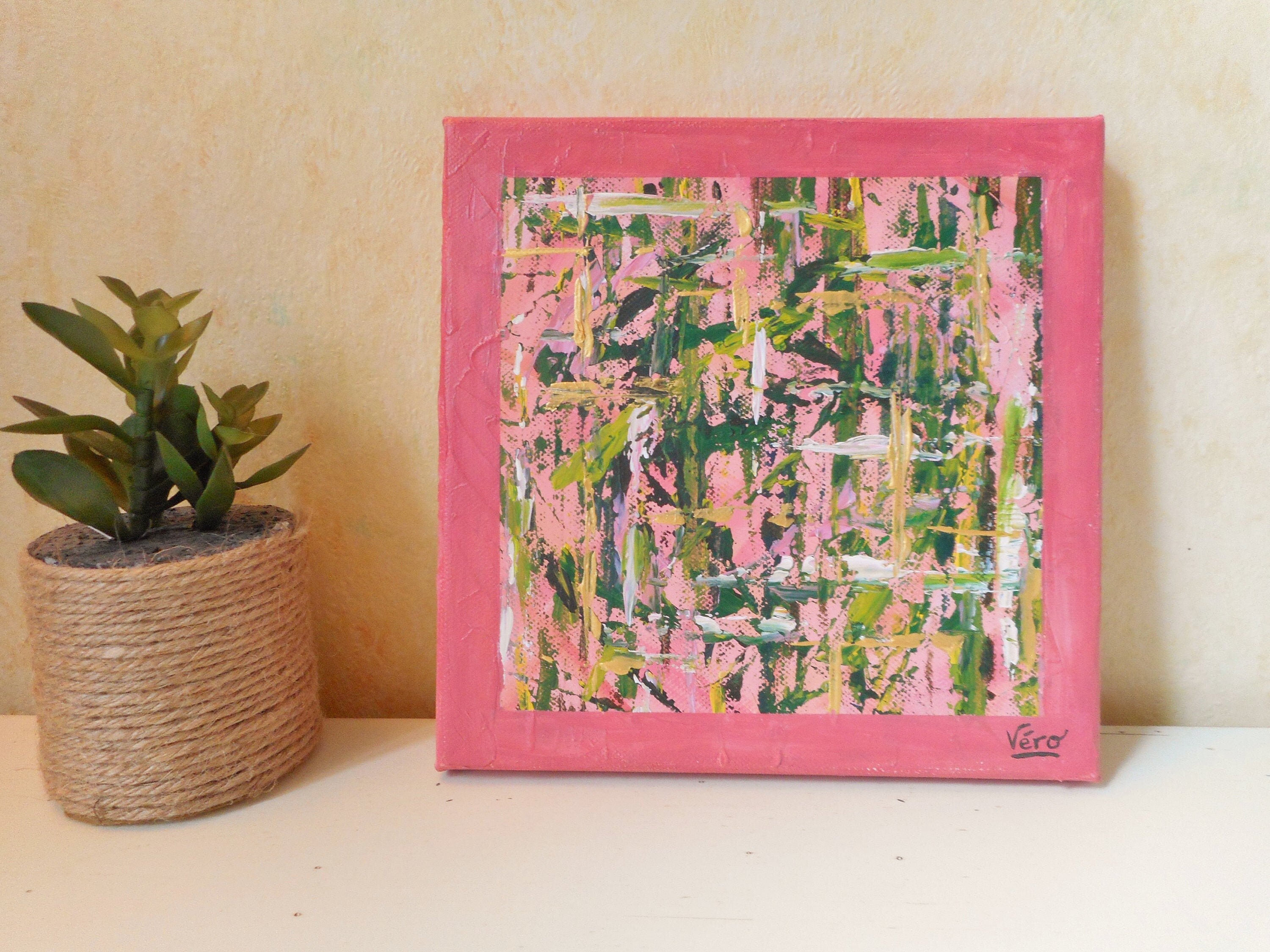 Abstrait rose et vert format petit carré fait main - Etsy France