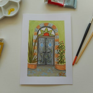 Gemälde einer alten Tür in Original-Gouache oder Original-Illustration einer kleinformatigen Tür