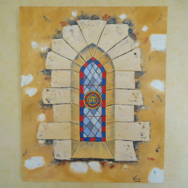 Peinture originale grand format d'un vitrail d'église peint à l'huile ou tableau religieux ou cadeau papa ou décoration salon