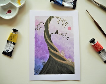 Peinture paysage féérique à la gouache illustration originale d'une chouette sur un arbre en petit format ou cadeau pour une soeur ou amie