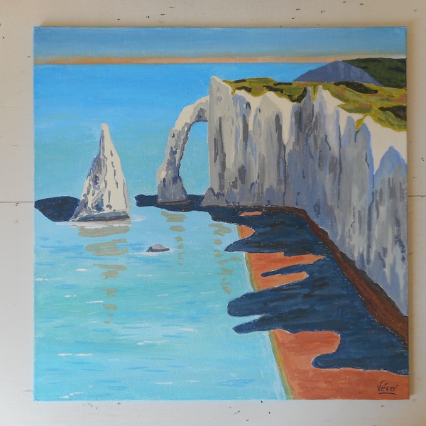 Tableau de bords de mer ou des falaises d'Etretat en France peinture à la gouache fait main