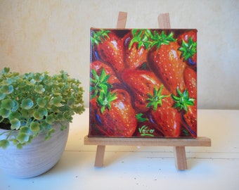 Peinture originale mini format fruits rouges à l'acrylique nature morte fait main