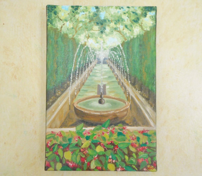 Painting of the fountain Santa Maria de Mallorca Spain small format oil on canvas or sister birthday gift or office decoration image 1