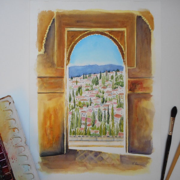 Aquarelle originale Espagne de la porte de l'Alhambra de Grenade ou peinture monument en Espagne ou cadeau pour maman