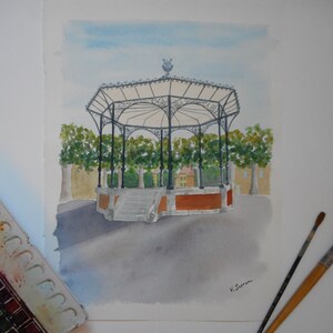 Original urban watercolor of a bandstand in France or monument watercolor painting or gift for a heritage lover