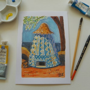 Arte sull'Africa capanna colorata Dipinto originale capanna africana in gouache fatto a mano su carta