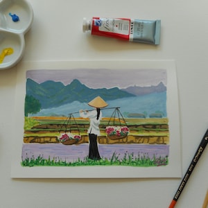 Muurkunst van een Chinese vrouw in gouache in klein formaat, cadeau voor moeder
