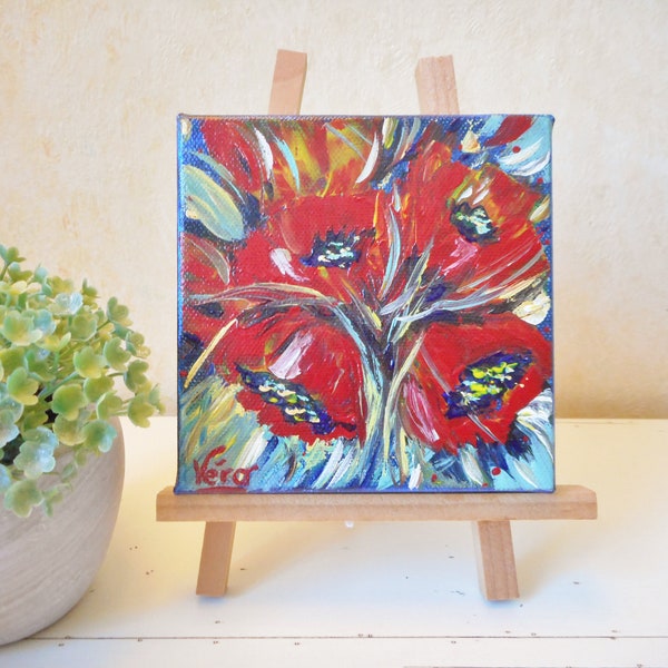 Peinture fleurs rouges en mini format à l'acrylique fait main ou petit tableau de fleurs rouges ou petit cadeau pour une amie