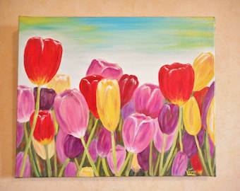 Tableau de fleurs tulipes à l'huile peint à la main ou peinture de fleurs roses et rouges ou cadeau pour une soeur ou une amie ou déco salon