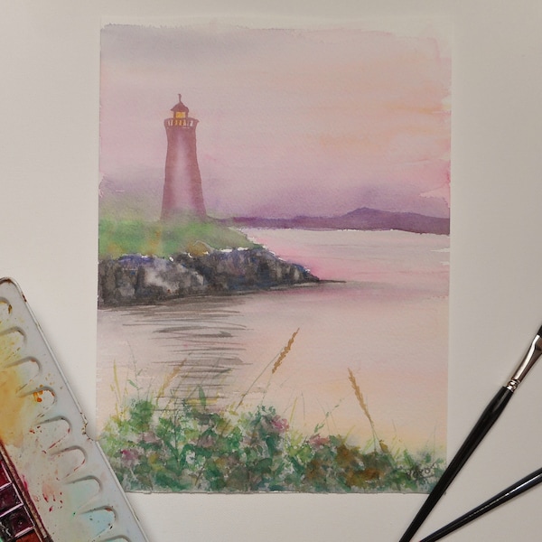 Aquarelle de phare au coucher du soleil  Fait main Format A4