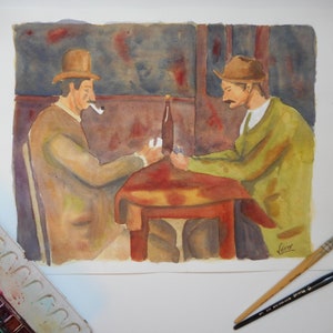 Aquarelle copie artiste peintre français Paul Cézanne les joueurs de cartes ou cadeau pour joueur de carte
