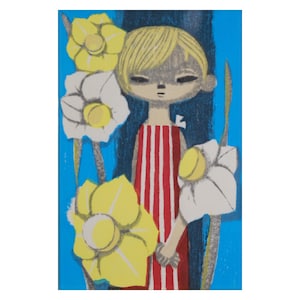 Vintage Shuzo Ikeda Woodblock Print: Girl with Daffodils, 1960s Japanese Art