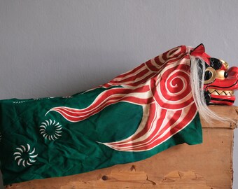 ヴィンテージ獅子舞面｜可動式顎付き手彫り木製金獅子舞面（布付き