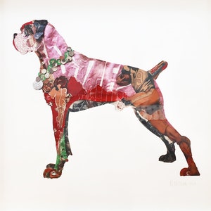 Unusual and quirky hand finished Boxer Dog mixed media collage and art print by Peter Clark