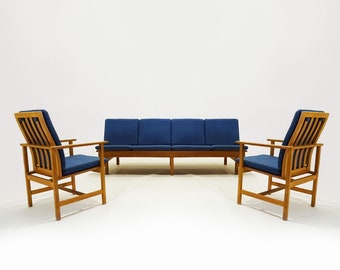 Danish Mid century Børge Mogensen 4 seater Oak bench sofa and two armchairs.