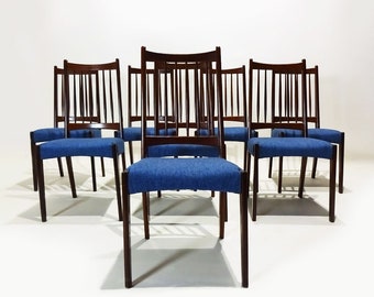 8 Danish Mid Century Arne Hovmand Olsen teak and fabric dining chairs