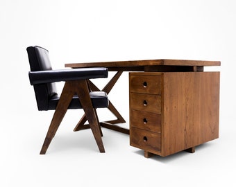 Original Pierre Jeanneret office set with a teak and leather X frame desk and a Model Pj Si 30A Committee Chair, Chandigarh, India, 1960s
