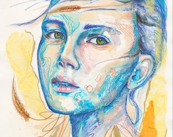 Puede incluir: Retrato en acuarela de una persona con ojos verdes y tonos de piel azules. La obra presenta elementos similares al trigo y detalles abstractos en tonos amarillos, naranjas y dorados. El estilo es artístico y expresivo, con enfoque en el color y la textura.