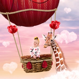 Valentines Hot Air Balloon and Giraffe Digital Backdrop Background