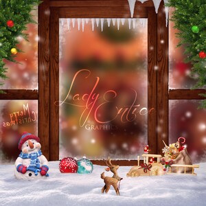May include: A snowy winter scene with a wooden window frame, a snowman, a reindeer, and a toy sleigh. The window is decorated with icicles and the text "Lady Entice Graphics" is visible in the background.